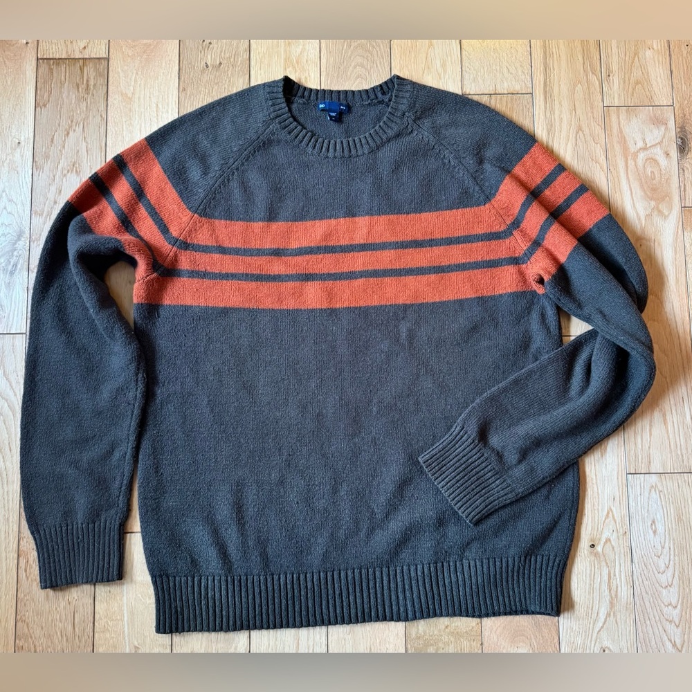 GAP Men’s Medium Brown Wool Blend Sweater Orange Stripe Crewneck Pullover